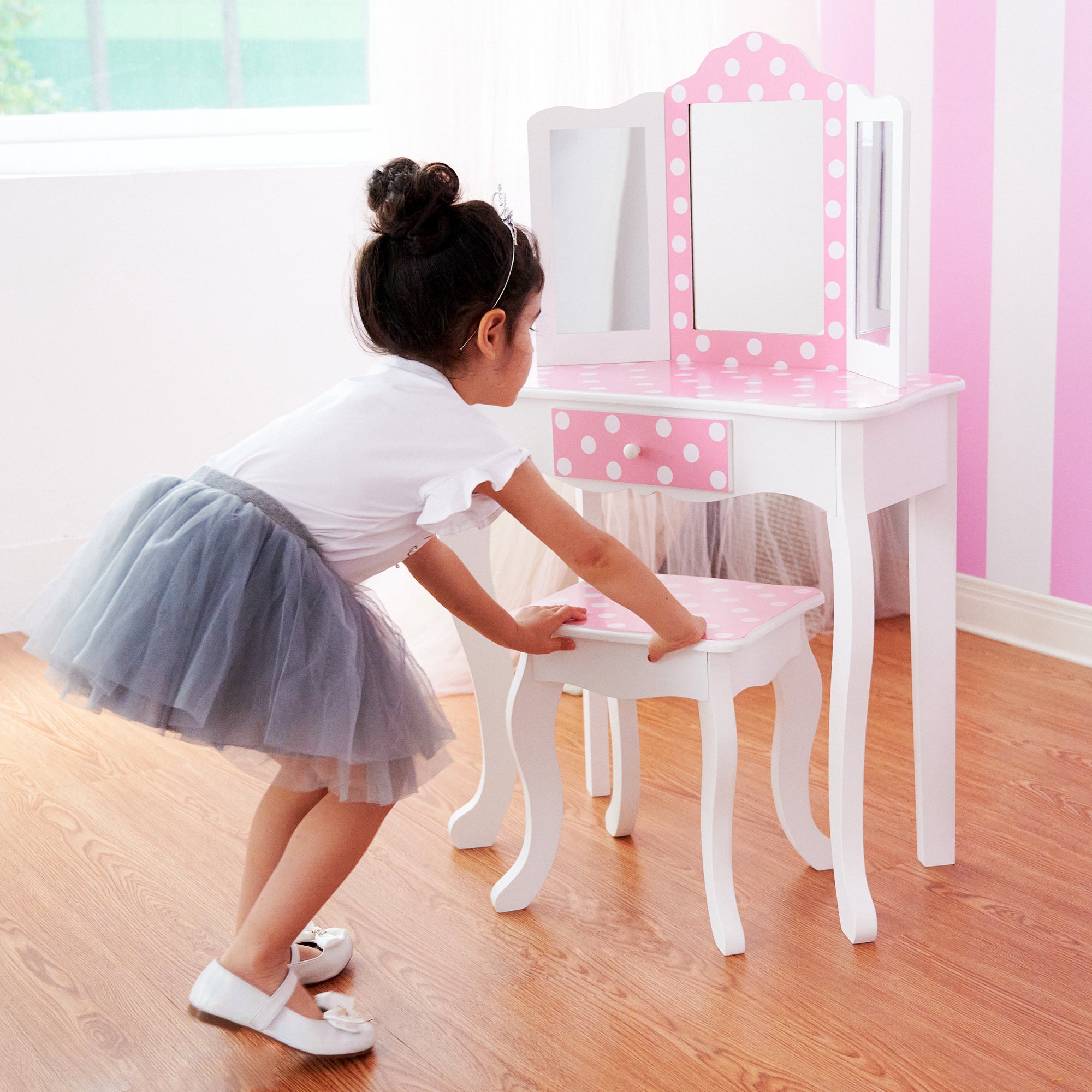 Wooden White/Pink Gisele LED 2-pc Polka Dot Vanity, Fashion Prints Kids Europe – Teamson Teamson