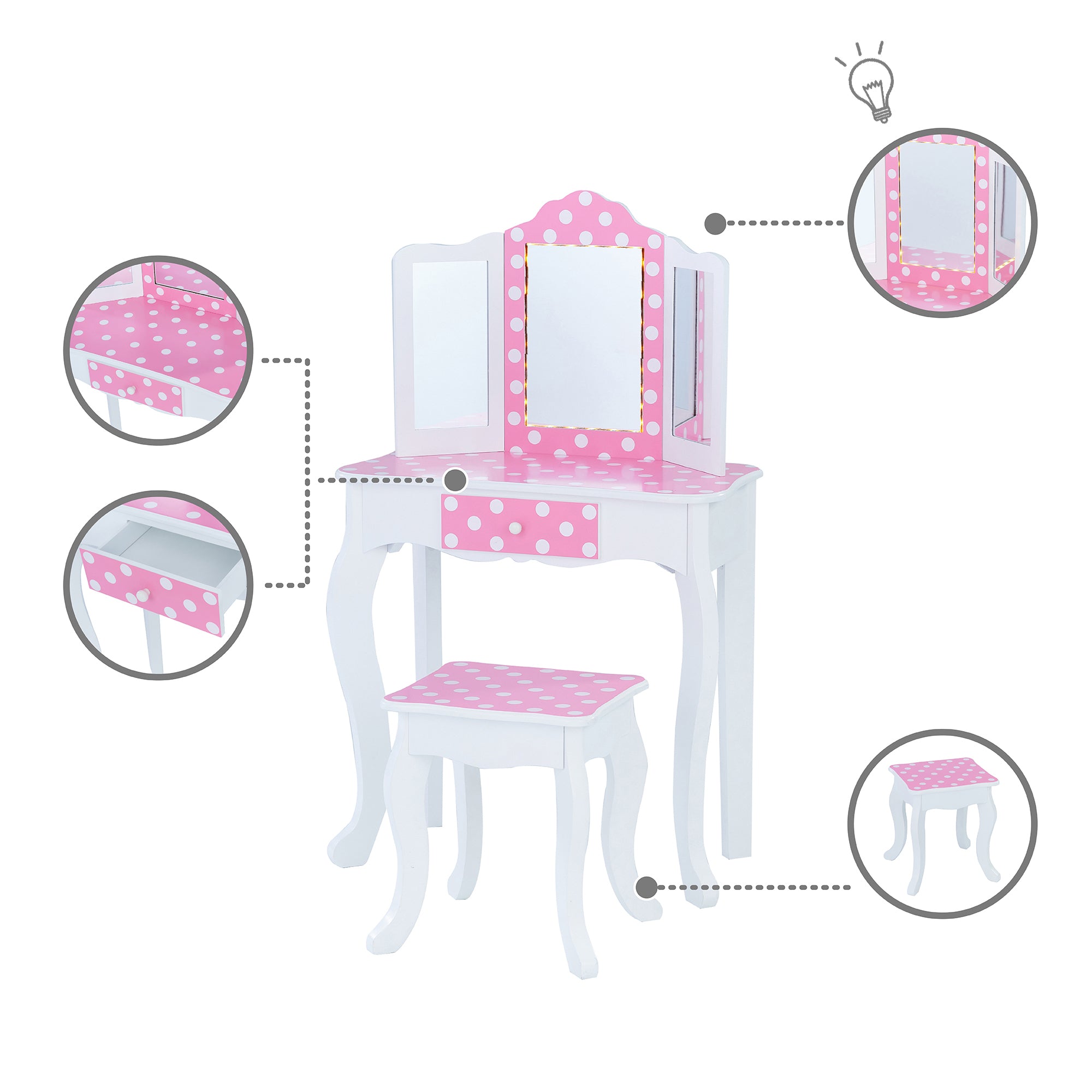 Teamson Kids Gisele 2-pc Fashion Dot Teamson – White/Pink Polka Vanity, Europe LED Wooden Prints