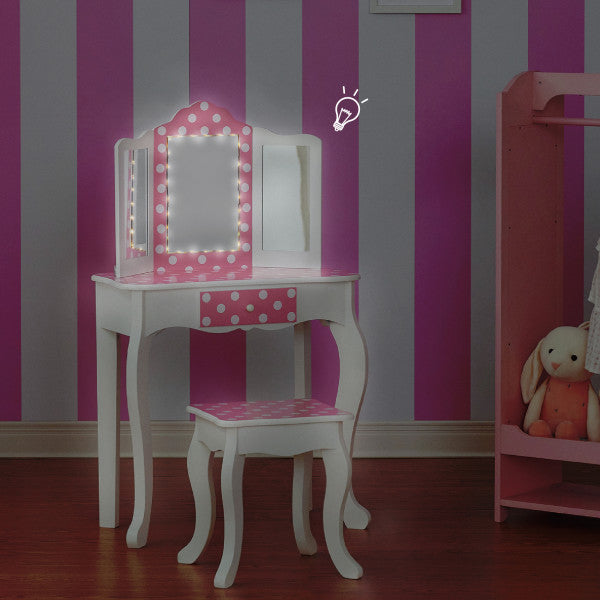 Teamson Kids Gisele Fashion White/Pink Wooden Europe – Teamson 2-pc Vanity, Prints Dot LED Polka