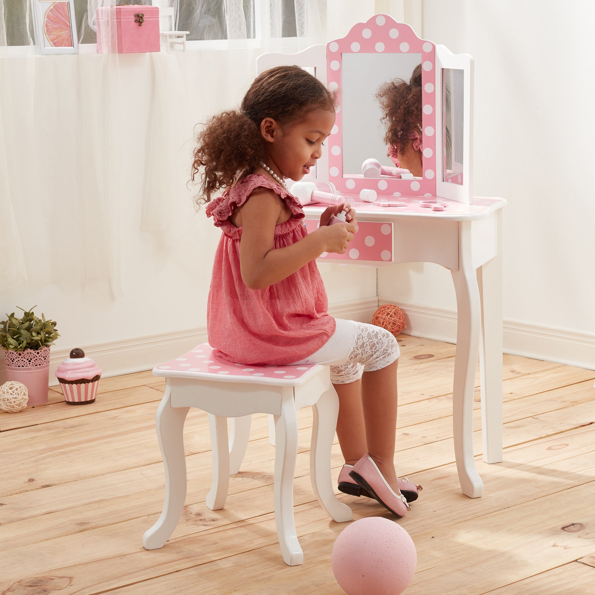 Teamson Print Polka – Pink/White 2-pc. Vanity Gisele Set, Teamson Europe Dot Kids