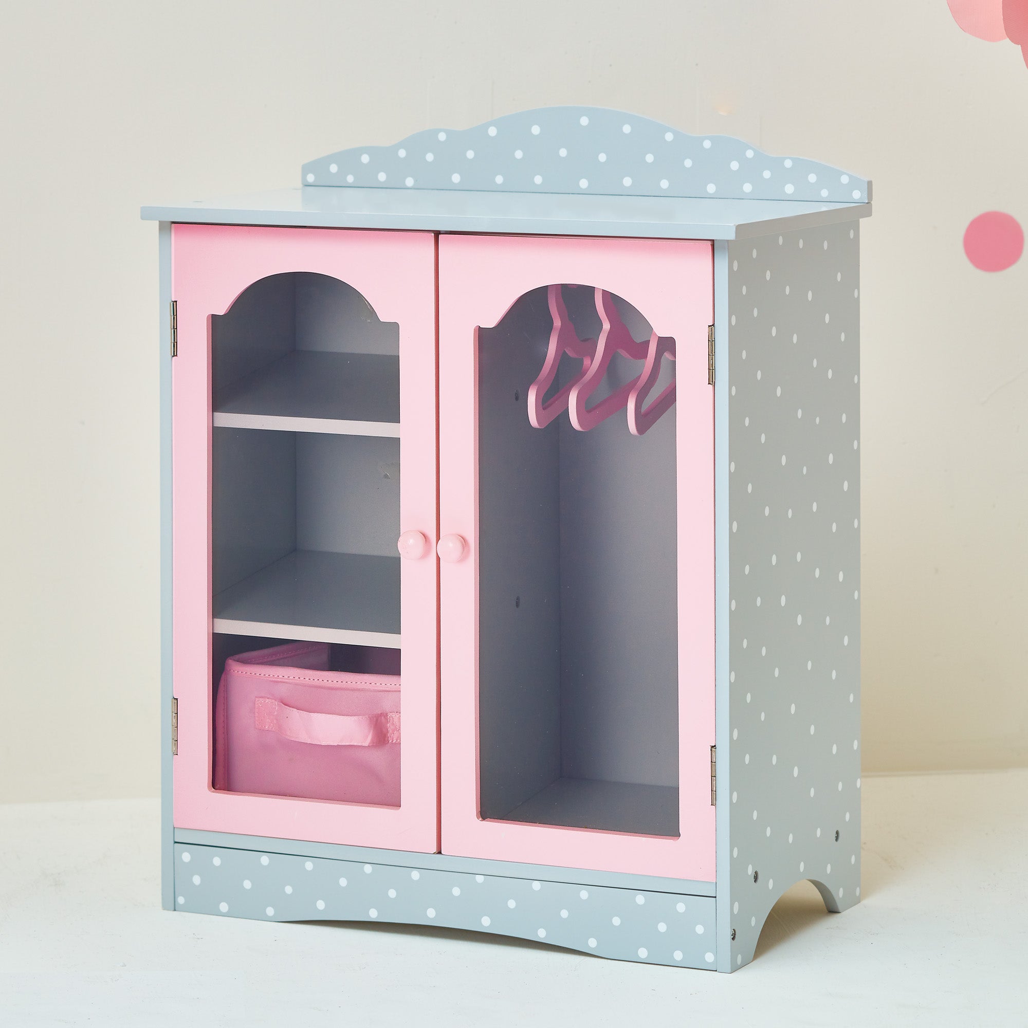 puppenkleidung aufbewahrung Olivia's Little World Kinder-Kleiderschrank aus Holz für Babypuppen, Schrank mit Aufbewahrung mit Kleiderbügeln, grau