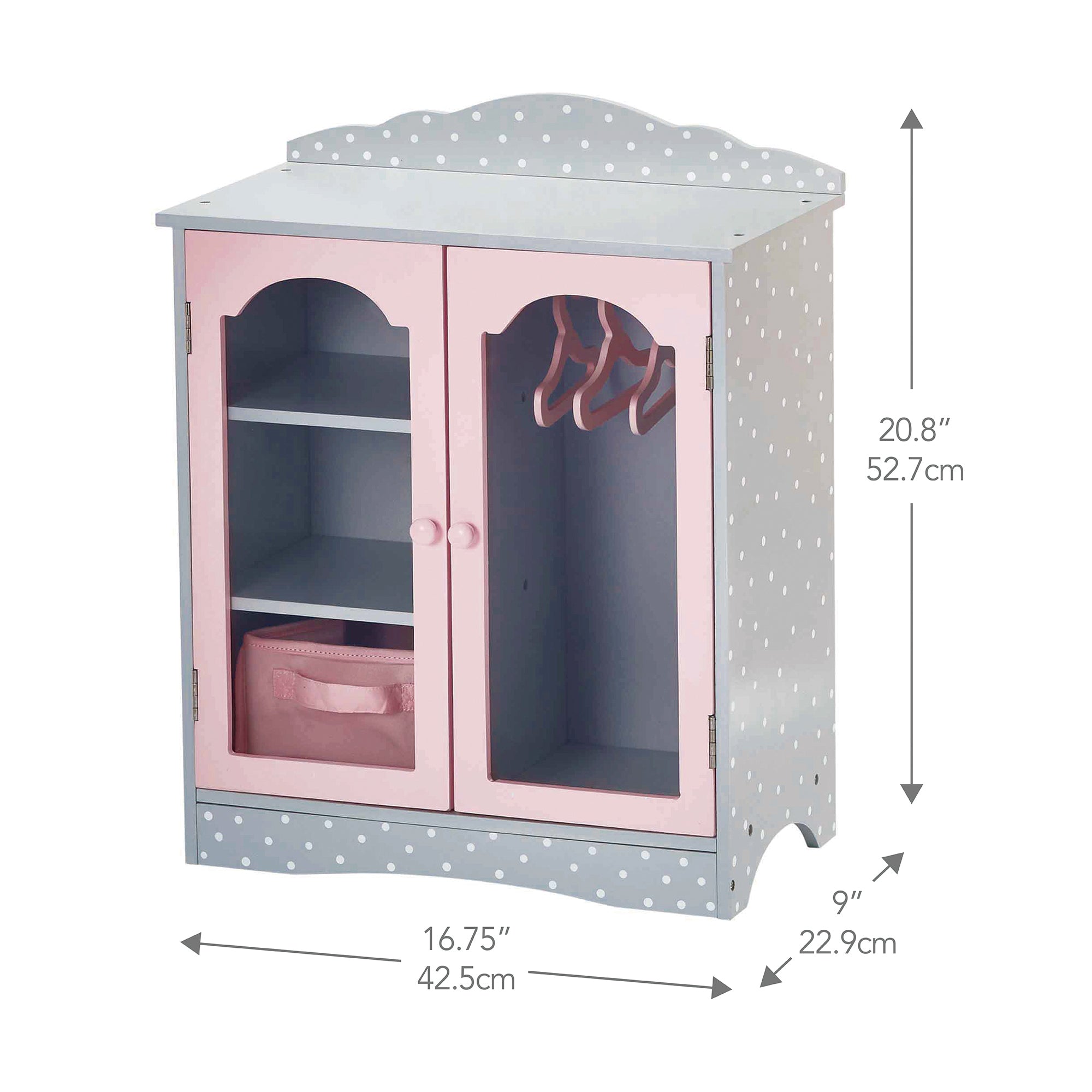 puppenkleider aufbewahrung Olivia's Little World Puppen-Shaker-Kleiderschrank mit gepunkteten Prinzessinnenmotiven, Holz, Grau/Rosa – EU