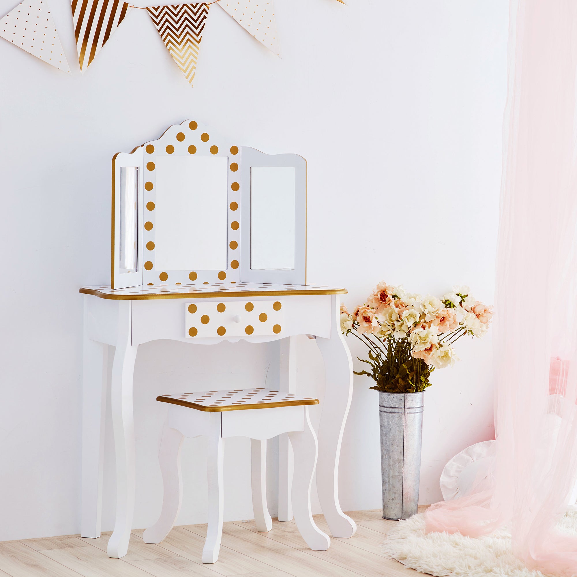 Teamson Kids Gisele 2-pc. Fashion – White/Gold Prints Polka Set, Europe Teamson Vanity Dot Wooden