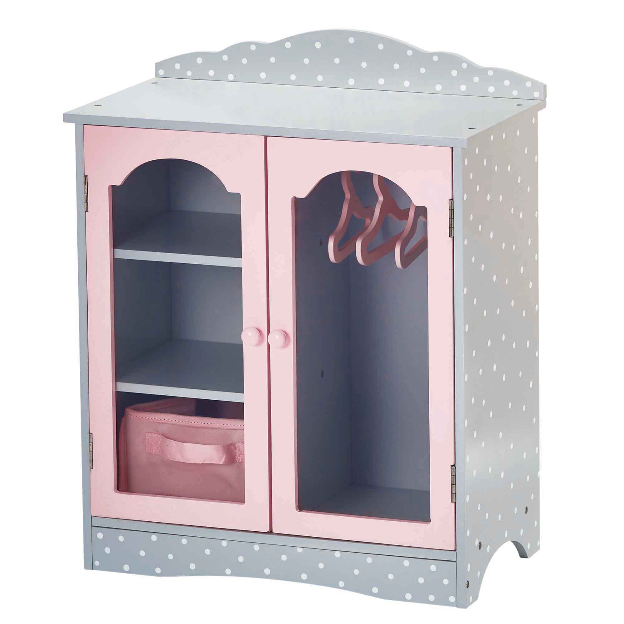 Olivia's Little World Kinder-Kleiderschrank aus Holz für Babypuppen, Schrank mit Aufbewahrung mit Kleiderbügeln, grau